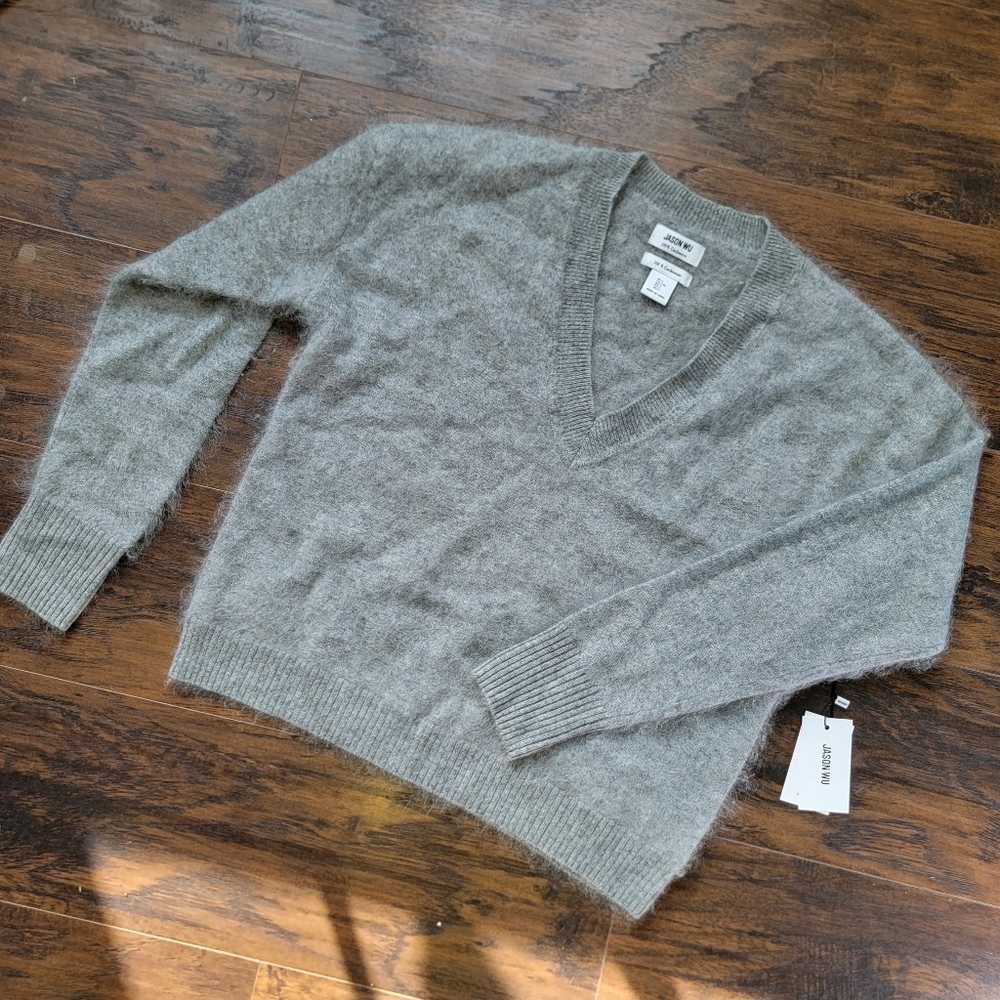 NWT Jason Wu 100% cashmere sweater pullover angora fluffy v-neck preppy alpaca